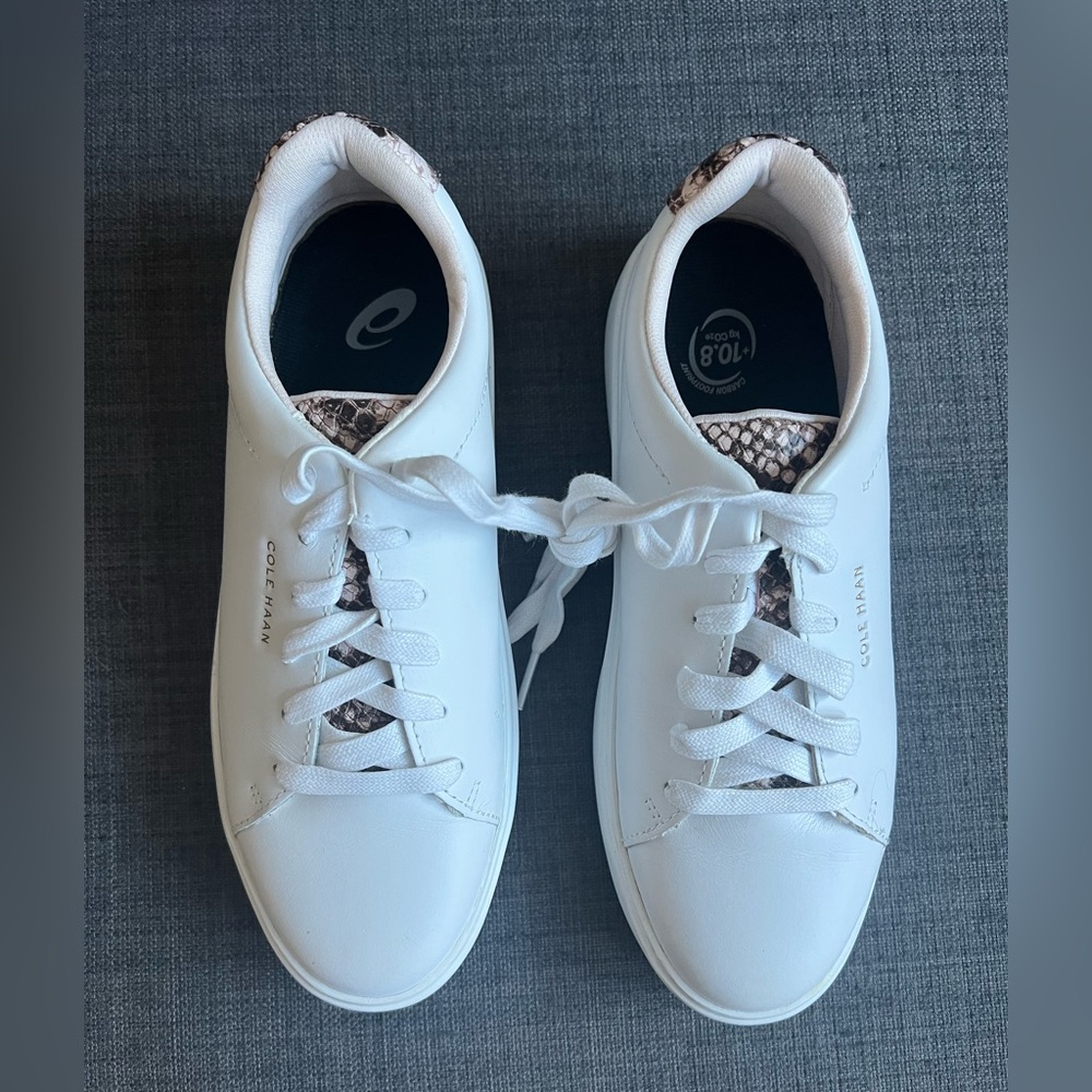 Cole Haan Women's White Sneakers with Brown Snakeskin Trim Size 7B